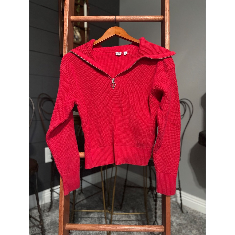 Vintage GAP Red Ribbed Quarter Zip Sweater Womens XS O-Ring Pullover Knit